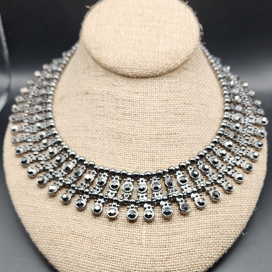 Vintage Bill Blass Gray Rhinestone Egyptian Revival Style Collar Necklace